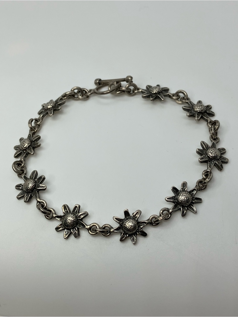 Vtg 925 Mexico Floral Daisy Sunflower Heavy Link Toggle Sterling Silver Anklet